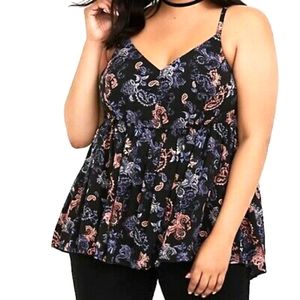 Torrid Black Challis Paisley Floral Print Babydoll Racerback Flowy Top. Size:2X